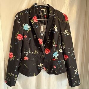 Worthington Blazer Suit Jacket Med Colorful Floral Print Black Office Event NWT